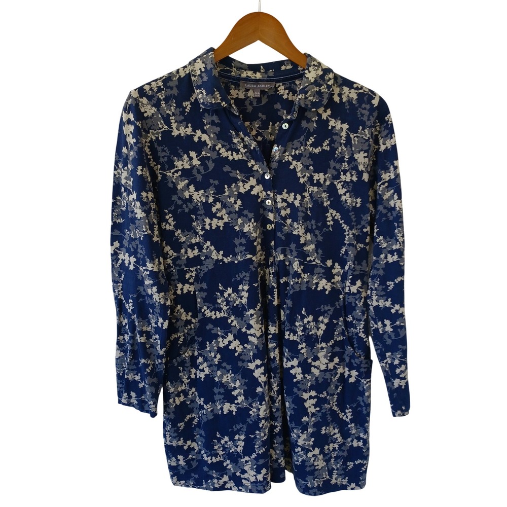 Laura Ashley Navy Blue Floral Button Front Long Sleeve Tunic Top Pockets USA 10